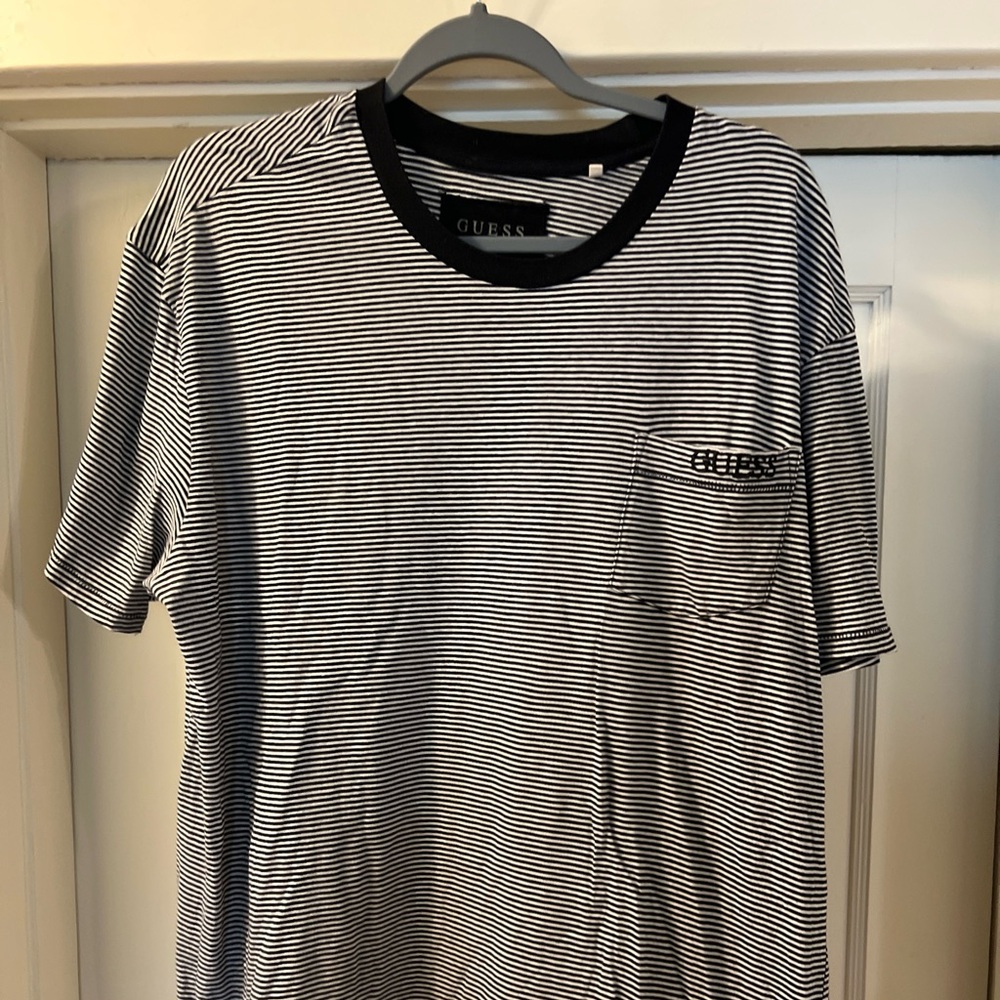 Guess Shirt Mens XXL Black White Striped Pocket Tee